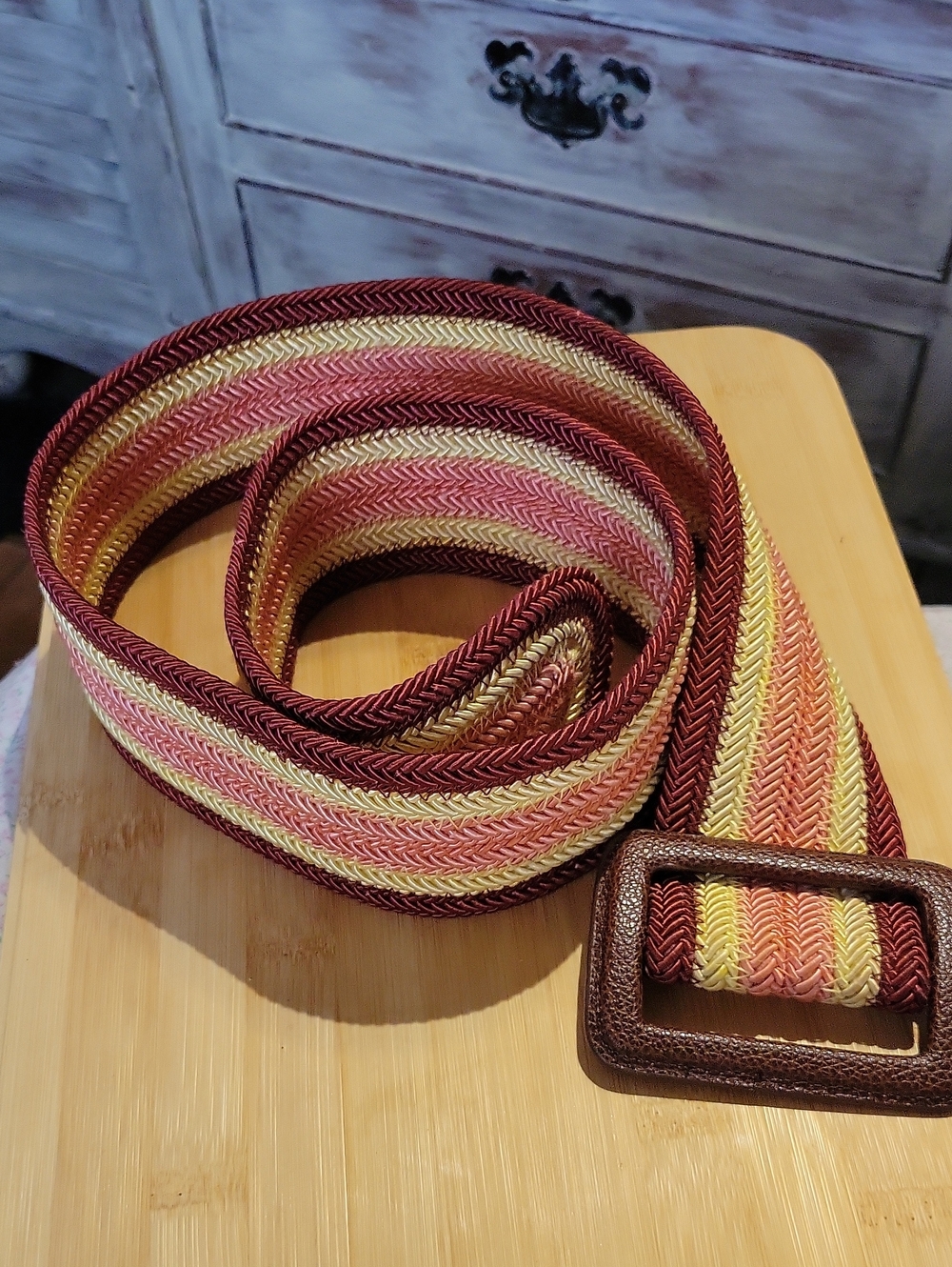 Woven Belt With Leather Covered Buckle, 39" Long